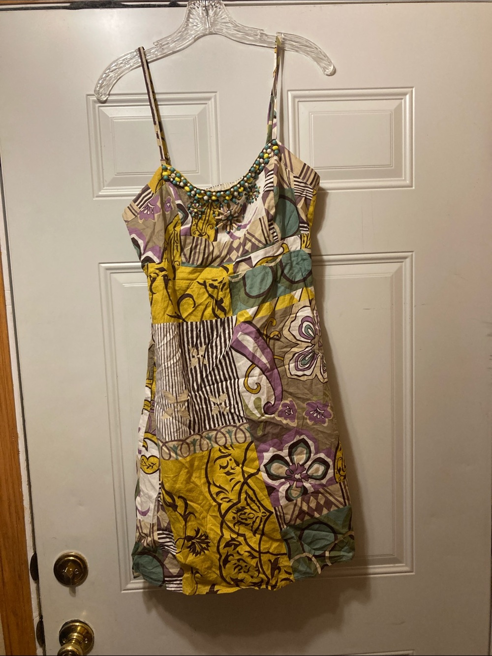 Cabi Beaded Neck Spaghetti Strap Patchwork Dress in‎ Yellow and Green 10